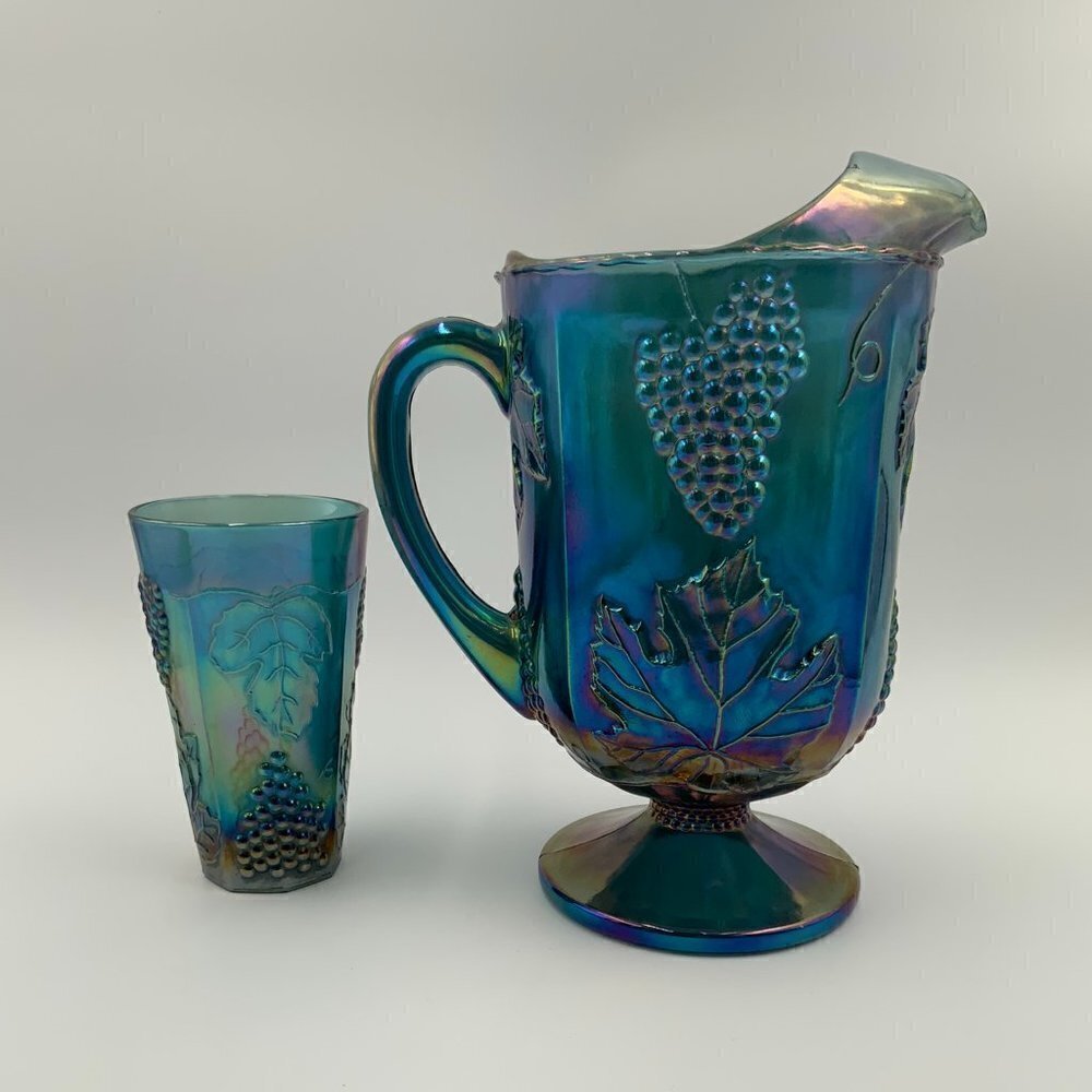 Vintage Blue Indiana Glass Grape Harvest Carnival Pitcher and Drinking Glass - Picture 6 of 8
